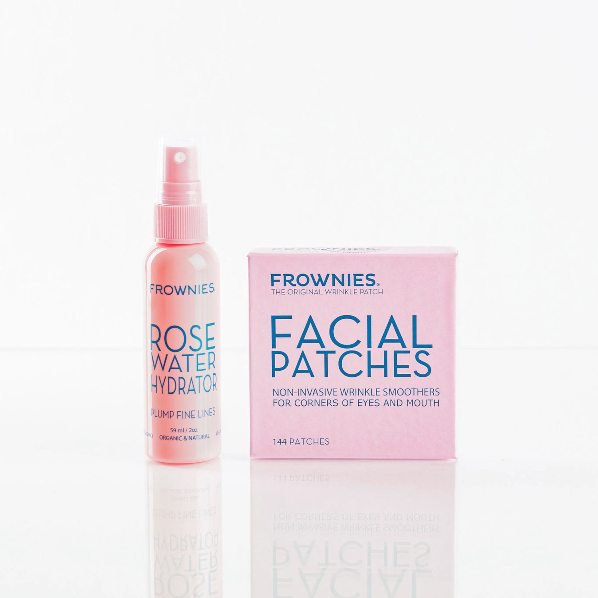 Frownies Rose Water Hydrator spray pictured alongside Frownies facial patches for the corners of the eyes and mouth.