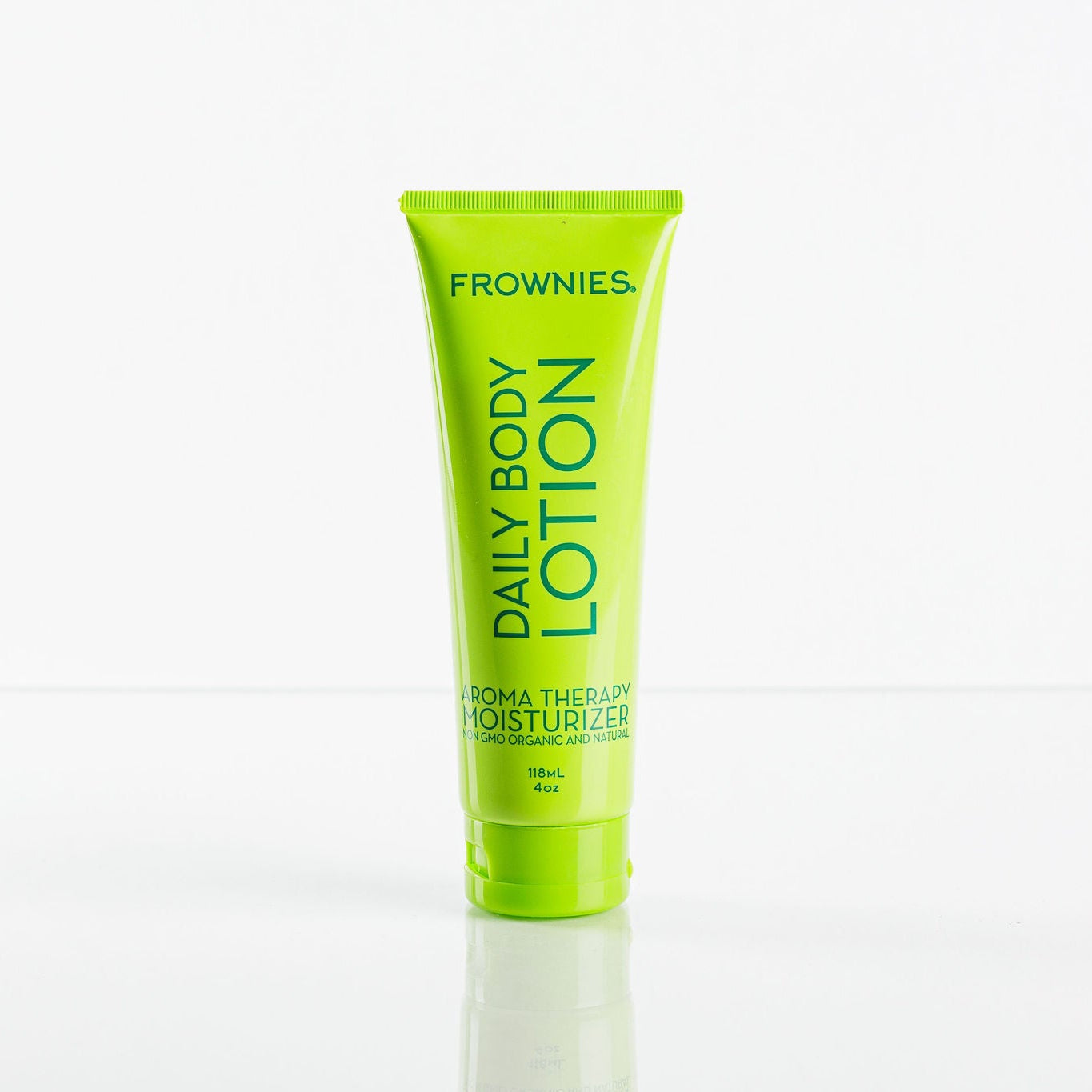 Frownies daily body lotion aroma therapy moisturizer non GMO, organic and natural. Pictured on a clean white background