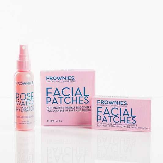 Frownies FBE and CEM facial patches shown next to Frownies rose water hydrator spray on a clean white background 