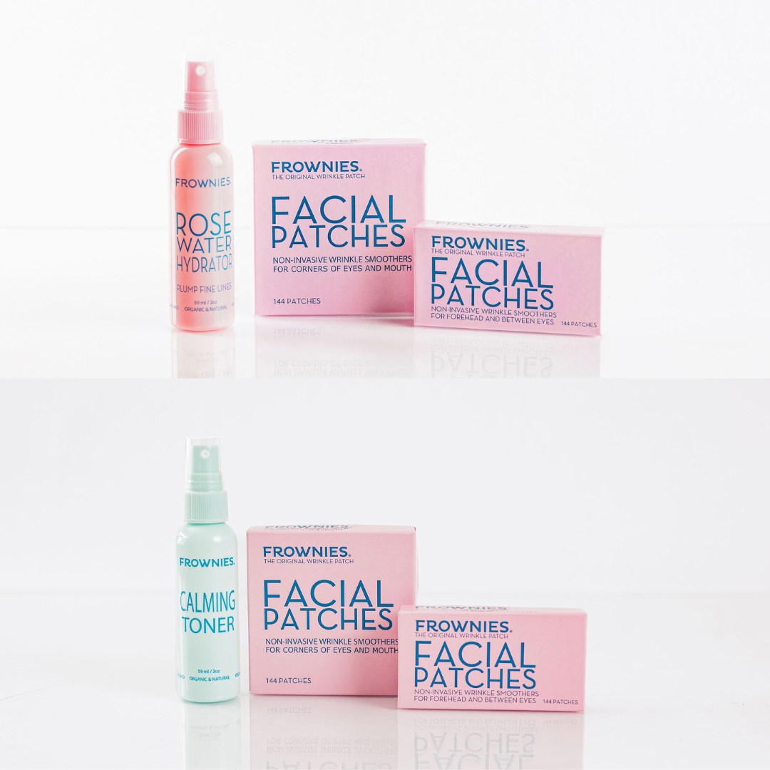 split image of two versions of Frownies Starter Kit, rose water, calming toner, facial patches for corners of the eyes and mouth, wrinkle patches for forehead and between the eyes