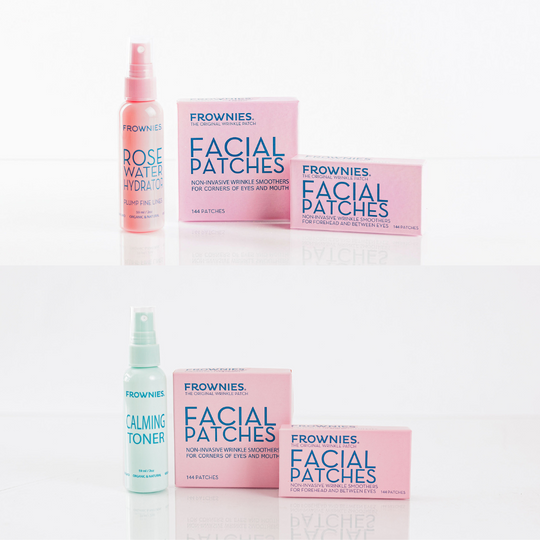 split image of two versions of Frownies Starter Kit, rose water, calming toner, facial patches for corners of the eyes and mouth, wrinkle patches for forehead and between the eyes