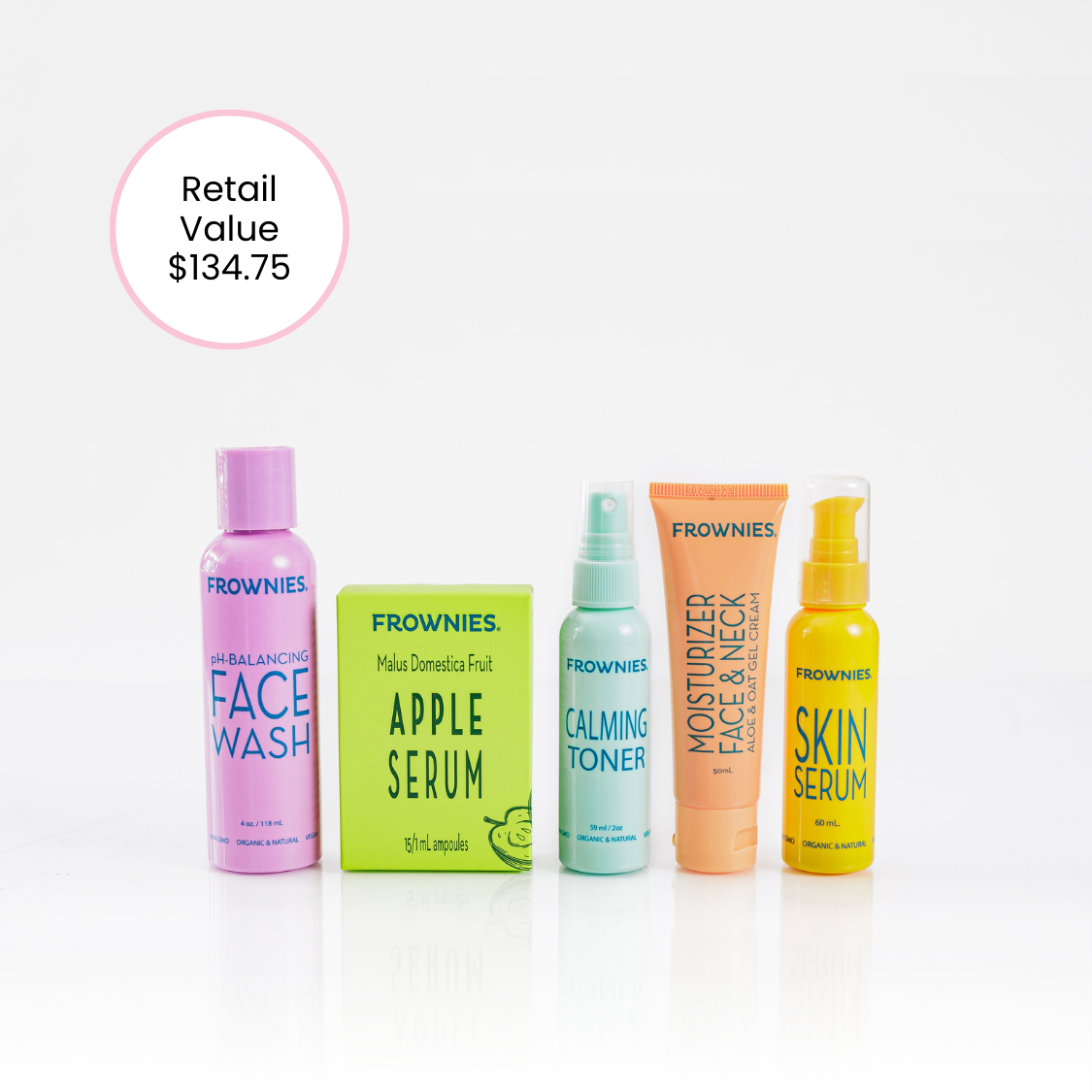 Group of Frownies products - face wash, apple serum, calming toner, moisturizer for face and neck, and skin serum. Bundles is called Frownies Skincare Basics. Image includes retail value sticker of $134.75. Bundle is available for a discounted rate below retail value. 