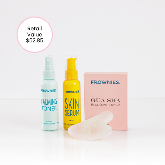 Frownies gua sha rose quartz stone next to Frownies Rose water hydrator spray and skin serum. This is the Gua Sha Bundle. Image shows the retail value of $52.85 showcasing the discount value of purchasing as a bundle. 
