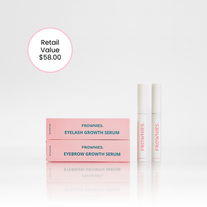 Frownies Eyelash Growth Serum & Eyebrow Growth Serum shown pictured together, while also showing the pink packaging it comes in. Images notes the retail value of the Frownies Eyelash Growth Serum & Eyebrow Growth Serum Duo which is $58.00 showcasing the savings of purchasing both products as a Duo at the lower rate.