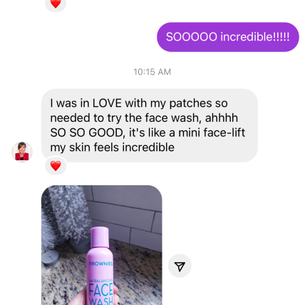 screenshot of text massage review of frownies ph balancing face wash