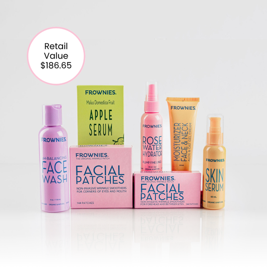 frownies complete skincare set with face wash, apple serum, rose water, facial patches for forehead and between the eyes and facial patches for corners of the eyes and mouth, aloe and oat gel moisturizer, and skin serum, retail value $186.65