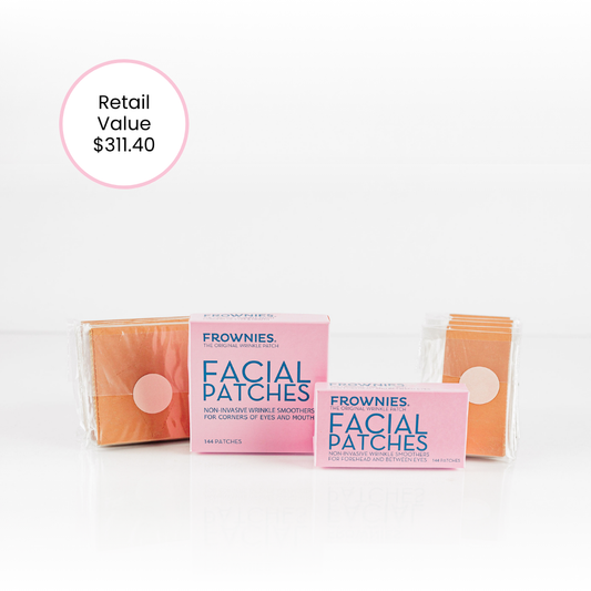 frownies bulk bundle with one box of facial patches for corners of the eyes and mouth with 5 refills and one box of facial patches for forehead and between the eyes and 5 refills , retail value of $311.40